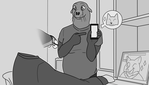Image: Kirk and Grant’s husband are in Kirk’s room. Grant’s husband is a heavyset black man with a sea lion aspect. He’s standing in front of the window by the desk and holding his phone up to excitedly show Kirk a video game character, a cute fox girl. Kirk is sitting at the desk with his laptop open. A video game featuring the same character is on the screen. Kirk’s hand is visible, along with the front half of his aspect which gradually fades into invisibility. End description.