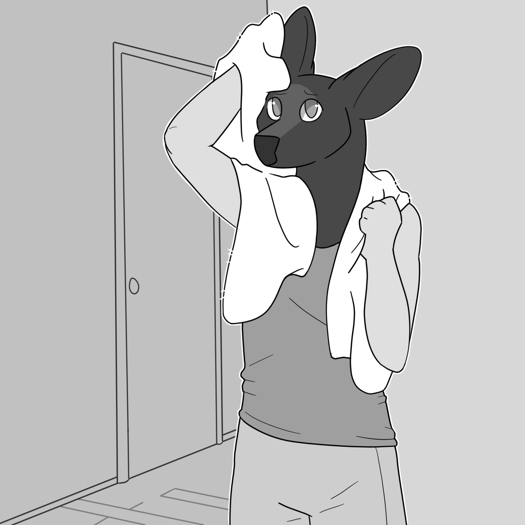 Image: Phoebe stands by the hallway, looking slightly nervous. She has a white towel around her neck and is holding part of it up to dry herself off. She’s wearing a gray tanktop along with her gray sweatpants. End description.