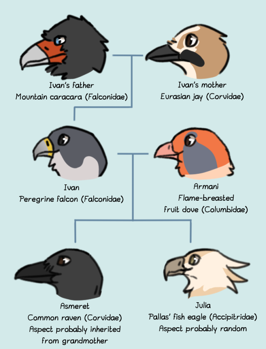 Image: A Morevna family tree, made up of three rows of headshots. The top row shows Ivan’s father with text reading “Mountain caracara (Falconidae)” and his mother with text reading “Eurasian jay (Corvidae).” The second row shows Ivan with text reading “Peregrine falcon (Falconidae)” and his wife, Armani, with text reading “Flame-breasted fruit dove (Columbidae).” The third row shows their children, Asmeret and Julia. Under Asmeret the text reads “Common raven (Corvidae); aspect probably inherited from grandmother” and under Julia it reads “Pallas' fish eagle (Accipitridae); aspect probably random.” End description.