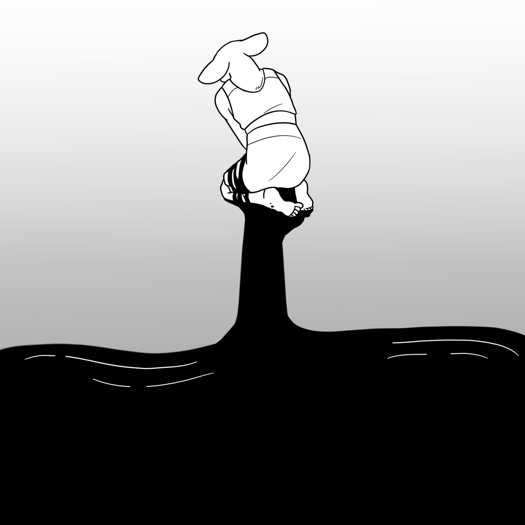 Image: A black-and-white abstract image of Phoebe. She is facing away and kneeling, hunched over, on the ground. Black blood pours over her lap and legs, flowing towards the bottom half of the image where it forms a shadowy pool. End description.
