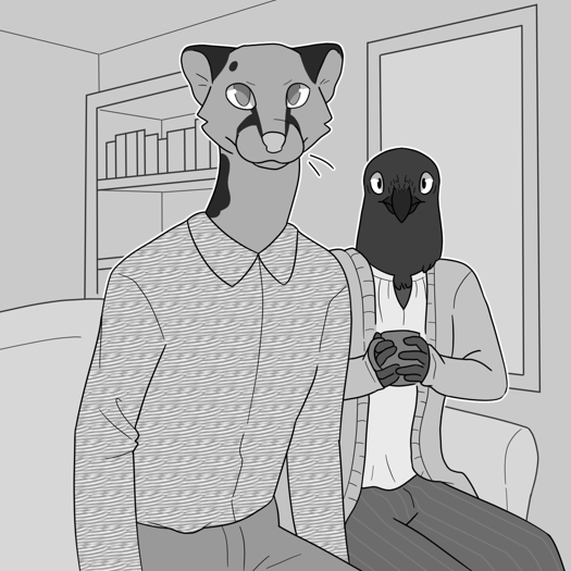 Image: Cat and Asmeret are sitting on the couch, looking at the viewer. Cat is wearing a new outfit: A light-colored button up with a wavey pattern on it and light-colored pants. He has a stern expression on his face. Asmeret looks surprised and nervous; they’re clutching a mug of tea. End description.