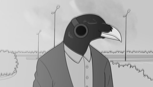 Image: Bower from the chest-up. He has a bird aspect with dark feathers and a white beak. He’s wearing a button-up shirt and a jacket, along with headphones, and is smiling with his eyes closed. Behind him is an empty parking lot. Like the last image, this one is also distorted. End description.