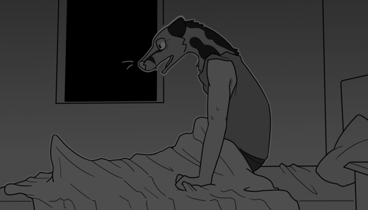 Image: Cat sitting up in bed. His eyes are wide, his ears are back, and his mouth is open, like he’s gasping for air. Beads of sweat run down his arm. The distortion effect is gone. End description.