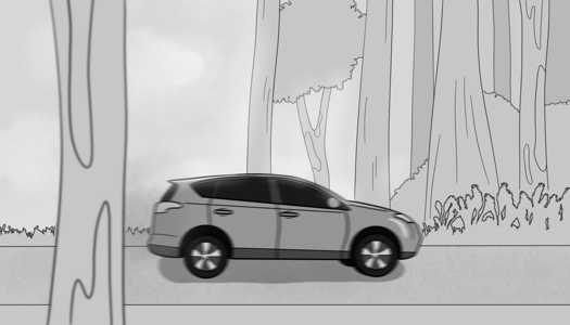 Image: Julia’s car, a compact SUV, driving through the countryside, entering a more forested stretch of road. The sky is sunny with a few clouds. End description.