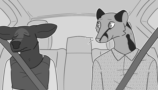 Image: Phoebe and Cat in the back seat. Phoebe’s ears are droopy and she looks disgruntled. Cat is giving her a smile, though he looks tired. End description.