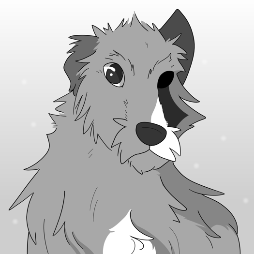 Image: Yuli in-between forms, shown from the chest-up. They look mostly like a wolfhound, except the right side of their face still has some vulpine features and markings. Their fur also has streaks of different colors in it. End description.