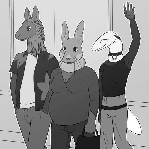 Image: Julia’s friends. The first is a black man with an alpaca aspect and dreadlocks; next to him is a larger black woman with a rabbit-like aspect. Next to her is a thin, black woman with a white snake aspect. She also has a wolf tail attached to a belt around her hips. End description.