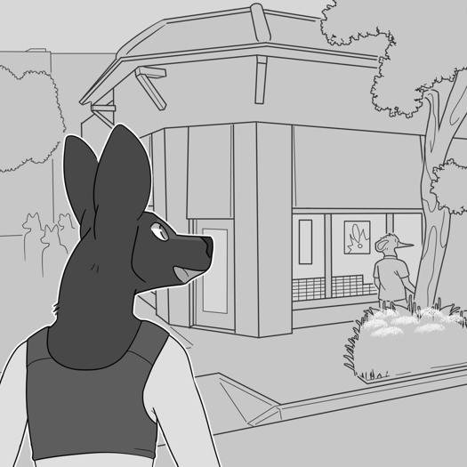 Image: Phoebe, viewed from the back, excitedly looks at the candy shop across the street. End description.