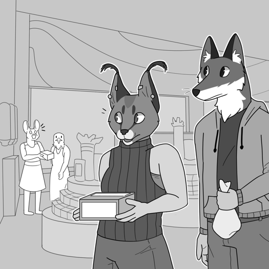 Image: Nicole, a white woman with a caracal aspect, is standing in line in front of a taller man with a red fox aspect. She is wearing a tank top sweater with low-cut sides that show her bra, and is holding a box of cookies. In the background, Phoebe and Julia are watching her- with the former looking surprised. End description.