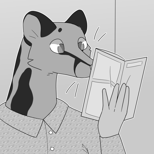 Image: A close-up of Cat holding up one of the brochures and reading it. End description.