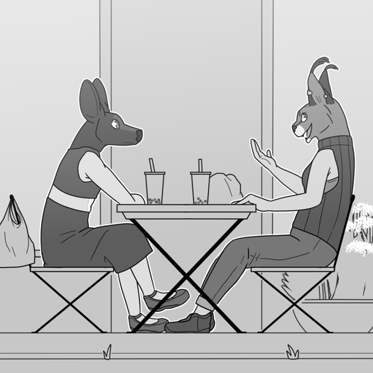 Image: Phoebe and Nicole sitting at a table on the sidewalk; Phoebe is listening to Nicole talk.On the table are two cups of boba tea along with a plastic shopping bag, and there is a large pot of ironweed under a window behind Nicole. End description.