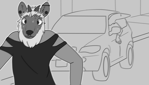 Image: A person with a Japanese serow aspect, a black shirt, and piercings stands in the road. They look uncomfortable and like they’re trying to stay balanced. Behind them, a person with a lizard aspect has pulled their car over to the side of the road and is leaning out of the window. End description.