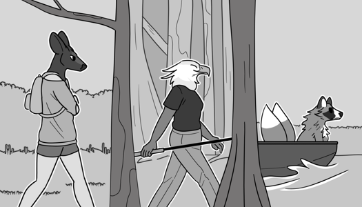 Image: A walk to Avernus' lake, split into three sections which are separated by trees. The first third of the image shows Phoebe walking through Julia's back yard, looking pensive. The second section shows Julia walking through Avernus, smiling and holding a fishing pole. The third shows Yuli riding at the bow of a small boat. End description.