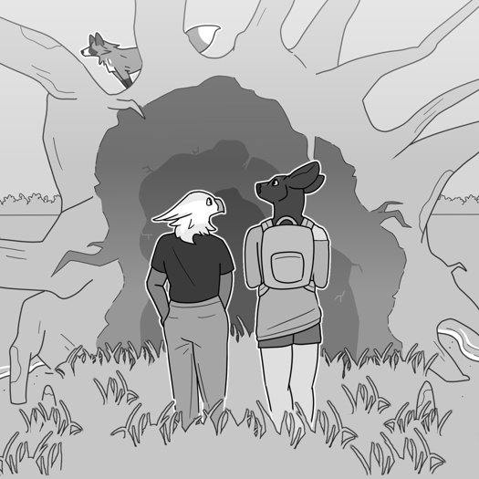 Image: Julia and Phoebe on the small island, looking at the roots of the tilted cypress tree. Yuli is standing on top of it. End description.