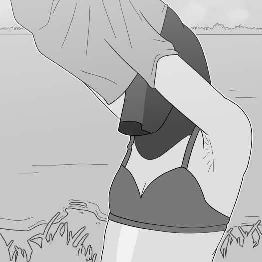 Image: Phoebe from the ribs-up, pulling her top over her head and revealing her bra. End description.