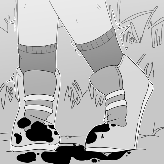Image: Phoebe's feet and legs from the calves-down. She is trembling; blood is dripping onto her shoes and the ground. End description.