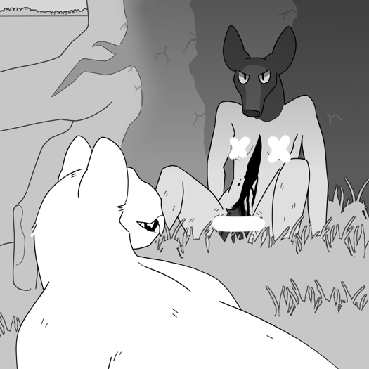 Image: Silver hunched over and looking towards Phoebe, who is sitting sprawled on the grass in the shadow of the tilted cypress' roots. She is completely nude and blood is running down her front. She is looking back at him angrily. End description.