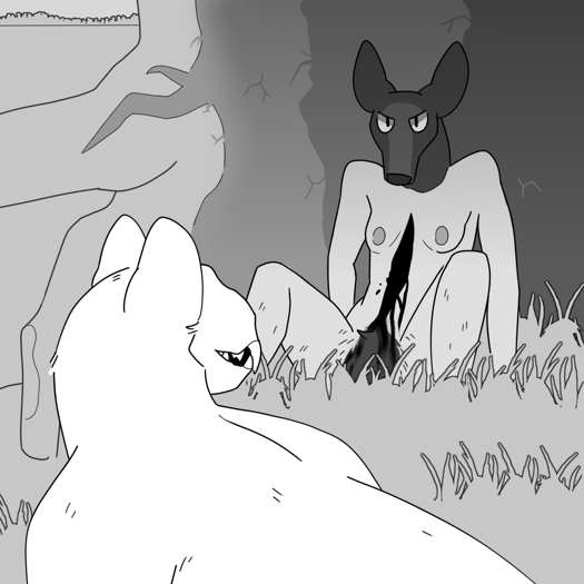 Image: Silver hunched over and looking towards Phoebe, who is sitting sprawled on the grass in the shadow of the tilted cypress' roots. She is completely nude and blood is running down her front. She is looking back at him angrily. End description.