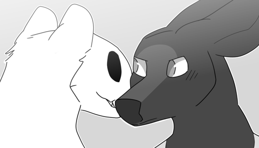Image: A close up of Phoebe and Silver from the necks-up. Silver's muzzle is brushed up against Phoebe's cheek. End description.