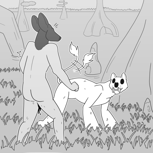 Image: Phoebe is standing in the grass, visible from the back. She looks primed to run at any moment. Silver is on all fours in front of her, looking up at her and wagging his tail. Behind them the island melts into Avernus' lake, with more cypress trees in the distance. End description.