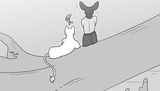 Image: Phoebe and Silver are on the trunk of the tilted cypress with their backs to the viewer. Silver is reclining, while Phoebe is sitting up and doggedly reeling in a fish. End description.