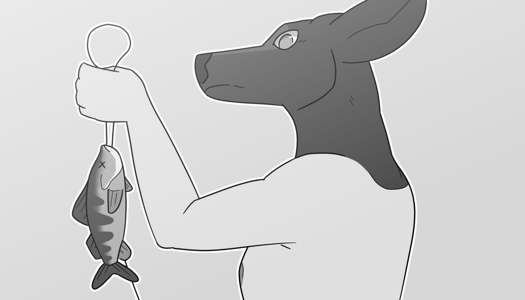 Image: Phoebe from the chest-up. She is holding the caught fish up in one hand, and is looking down at the viewer. End description.