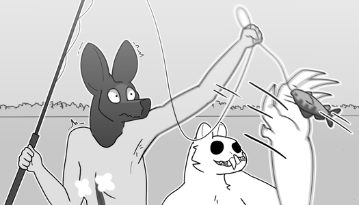 Image: Phoebe, shocked, tugs on the fishing line, trying to pull the fish away from Silver. Silver is swatting at it. End description.