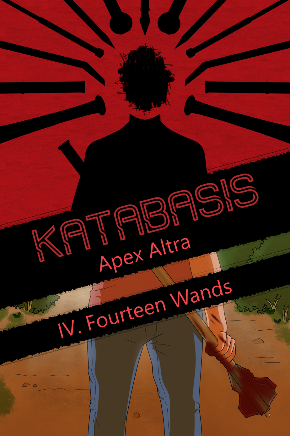 Image: The cover for Katabasis chapter 4. It’s diagonally cut into halves by two jagged black bars. The top half of the image is red and shows a black silhouette of a person from the shoulders-up. Their aspect is hidden by a scribble. Silhouettes of different blunt weapons arc over their head in a halo-like fashion. The bottom half of the image shows the rest of the figure in full color, standing on a dirt path flanked by bushes. They have light skin, a feminine figure, and are wearing a pink t-shirt and jeans. In their hands is a mace spattered with blood. Sunlight illuminates them from behind. Text on the black bars reads “Katabasis, Apex Altra, 4: Fourteen Wands.” End description.