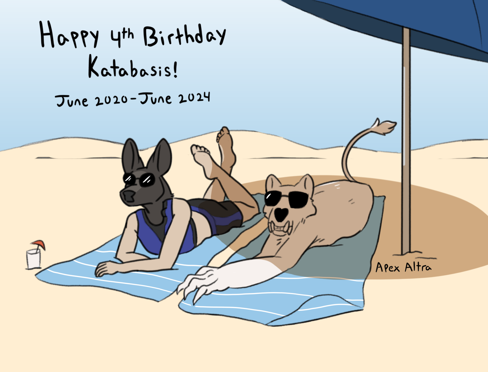 Image: Phoebe and Silver at the beach, lying prone on light blue beach towels. Phoebe is wearing a blue and dark gray swim top with matching swim shorts. Both are wearing sunglasses. Next to the towels is a beach umbrella, which is mostly shading Silver. Text reads ‘Happy 4th birthday Katabasis! Tune 2020-June 2024.’ End description.